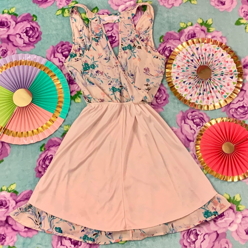 Lush Light Blush Pink Blue Floral Skater Dress XS - Picture 5 of 9